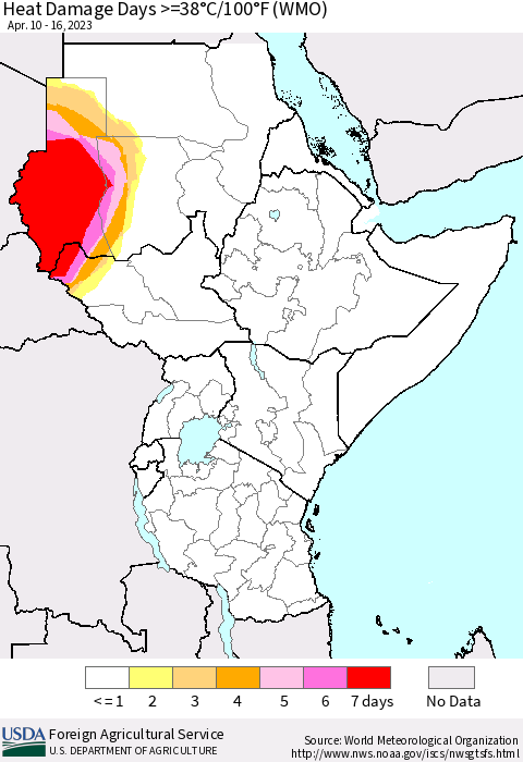 Eastern Africa Heat Damage Days >=38°C/100°F (WMO) Thematic Map For 4/10/2023 - 4/16/2023