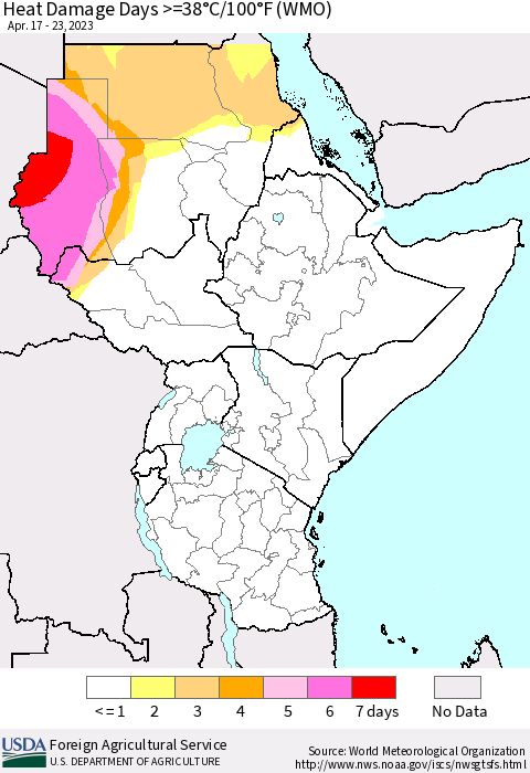 Eastern Africa Heat Damage Days >=38°C/100°F (WMO) Thematic Map For 4/17/2023 - 4/23/2023