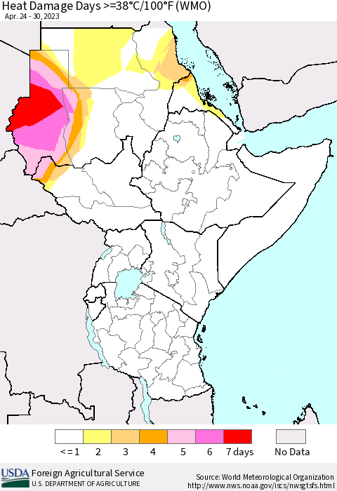 Eastern Africa Heat Damage Days >=38°C/100°F (WMO) Thematic Map For 4/24/2023 - 4/30/2023