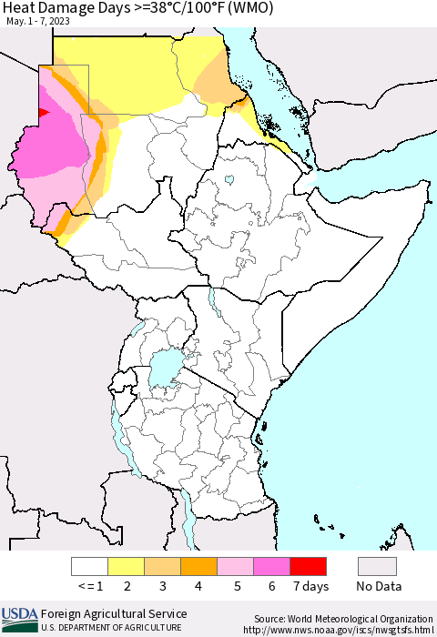 Eastern Africa Heat Damage Days >=38°C/100°F (WMO) Thematic Map For 5/1/2023 - 5/7/2023