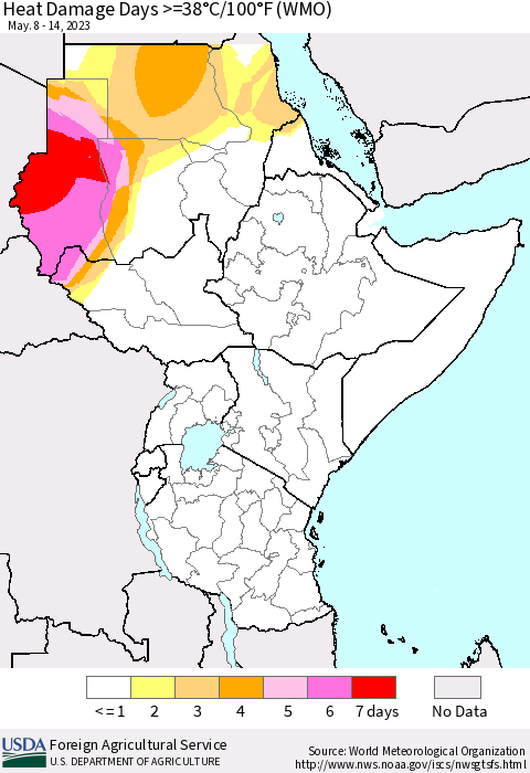 Eastern Africa Heat Damage Days >=38°C/100°F (WMO) Thematic Map For 5/8/2023 - 5/14/2023