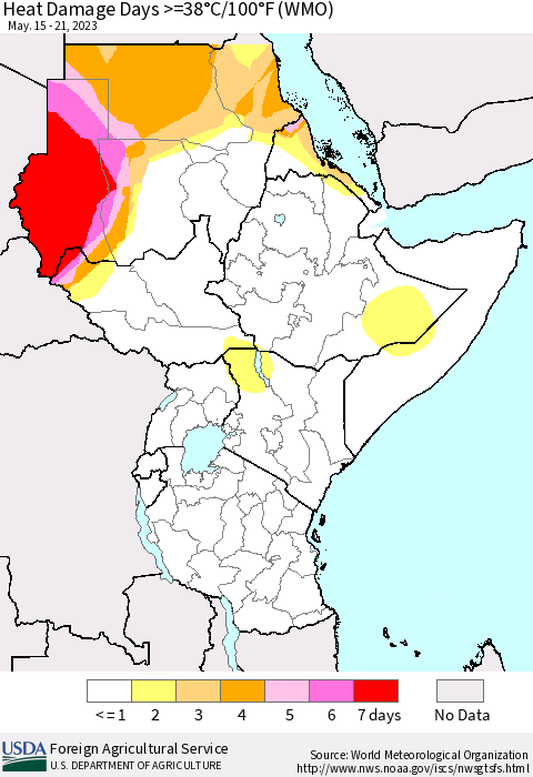 Eastern Africa Heat Damage Days >=38°C/100°F (WMO) Thematic Map For 5/15/2023 - 5/21/2023