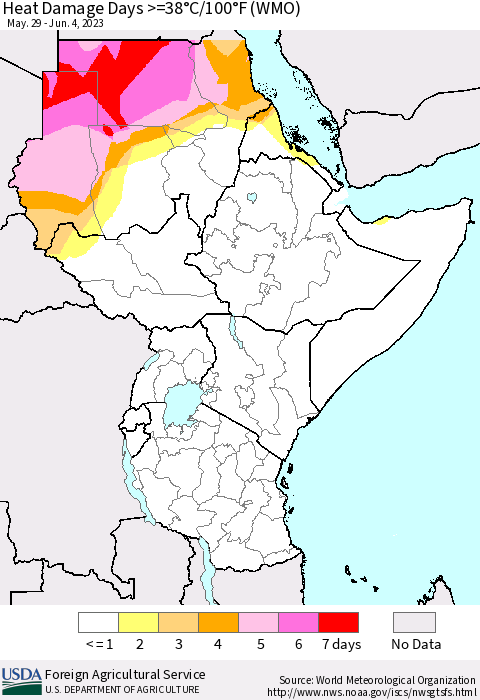 Eastern Africa Heat Damage Days >=38°C/100°F (WMO) Thematic Map For 5/29/2023 - 6/4/2023