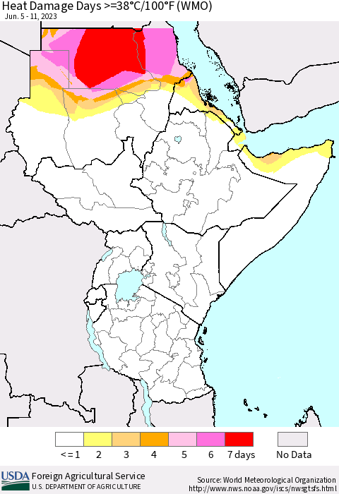 Eastern Africa Heat Damage Days >=38°C/100°F (WMO) Thematic Map For 6/5/2023 - 6/11/2023