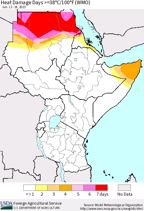 Eastern Africa Heat Damage Days >=38°C/100°F (WMO) Thematic Map For 6/12/2023 - 6/18/2023