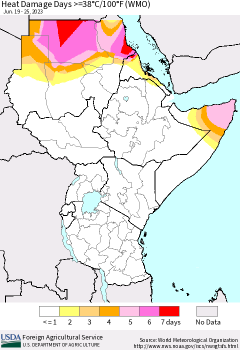 Eastern Africa Heat Damage Days >=38°C/100°F (WMO) Thematic Map For 6/19/2023 - 6/25/2023