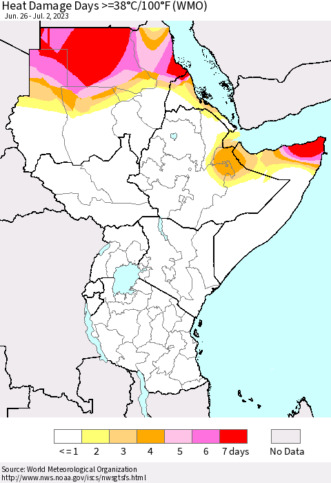 Eastern Africa Heat Damage Days >=38°C/100°F (WMO) Thematic Map For 6/26/2023 - 7/2/2023