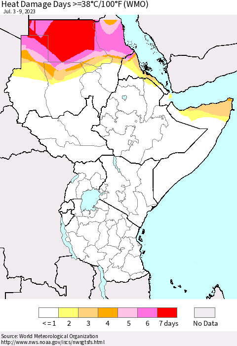 Eastern Africa Heat Damage Days >=38°C/100°F (WMO) Thematic Map For 7/3/2023 - 7/9/2023