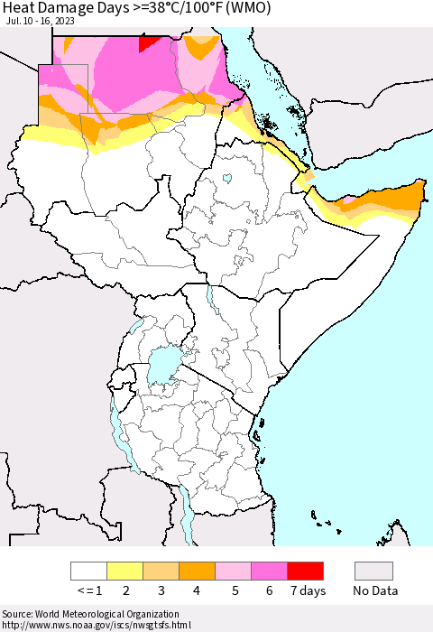 Eastern Africa Heat Damage Days >=38°C/100°F (WMO) Thematic Map For 7/10/2023 - 7/16/2023