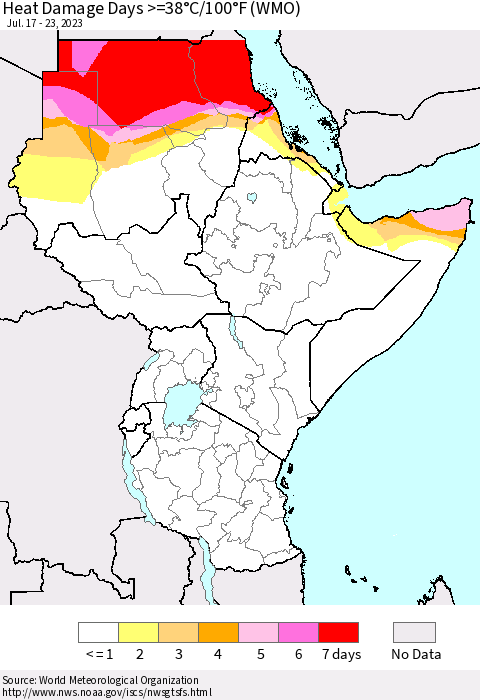 Eastern Africa Heat Damage Days >=38°C/100°F (WMO) Thematic Map For 7/17/2023 - 7/23/2023