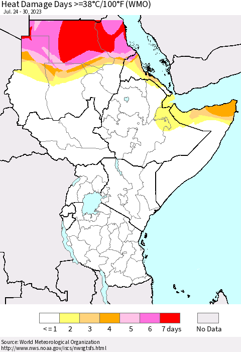Eastern Africa Heat Damage Days >=38°C/100°F (WMO) Thematic Map For 7/24/2023 - 7/30/2023