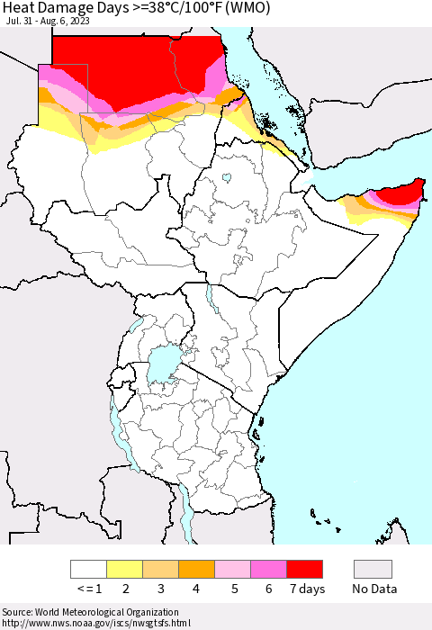 Eastern Africa Heat Damage Days >=38°C/100°F (WMO) Thematic Map For 7/31/2023 - 8/6/2023