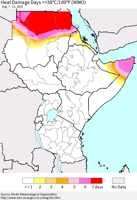 Eastern Africa Heat Damage Days >=38°C/100°F (WMO) Thematic Map For 8/7/2023 - 8/13/2023