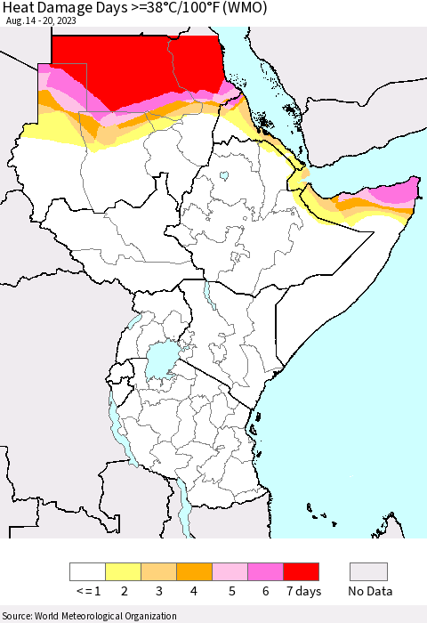 Eastern Africa Heat Damage Days >=38°C/100°F (WMO) Thematic Map For 8/14/2023 - 8/20/2023