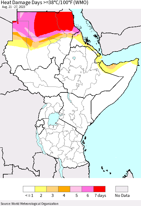 Eastern Africa Heat Damage Days >=38°C/100°F (WMO) Thematic Map For 8/21/2023 - 8/27/2023
