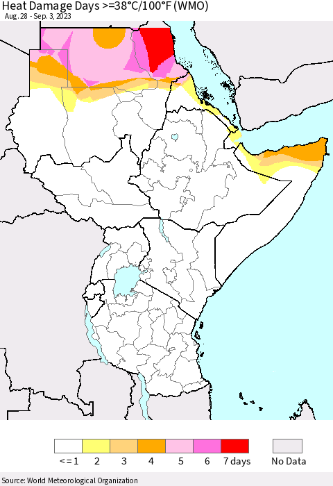Eastern Africa Heat Damage Days >=38°C/100°F (WMO) Thematic Map For 8/28/2023 - 9/3/2023