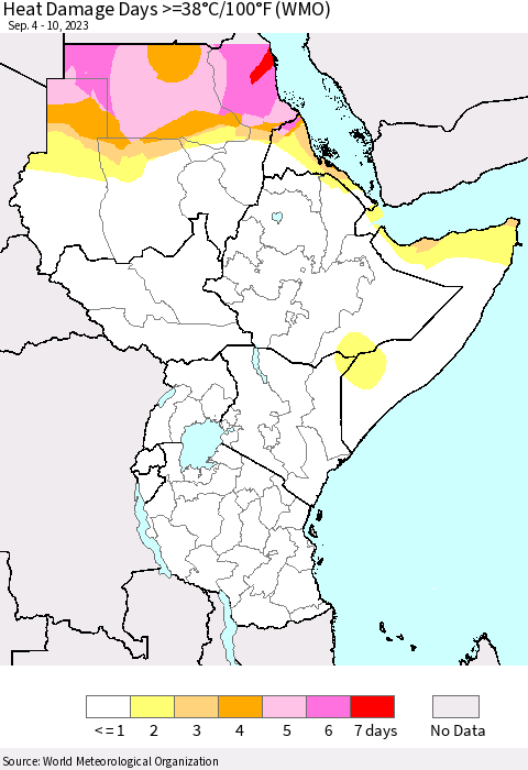 Eastern Africa Heat Damage Days >=38°C/100°F (WMO) Thematic Map For 9/4/2023 - 9/10/2023