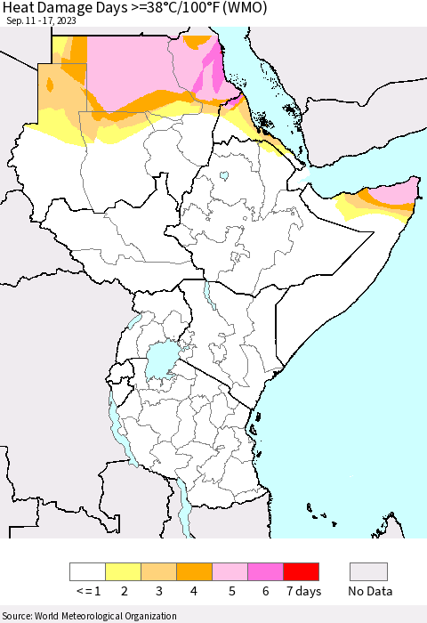 Eastern Africa Heat Damage Days >=38°C/100°F (WMO) Thematic Map For 9/11/2023 - 9/17/2023
