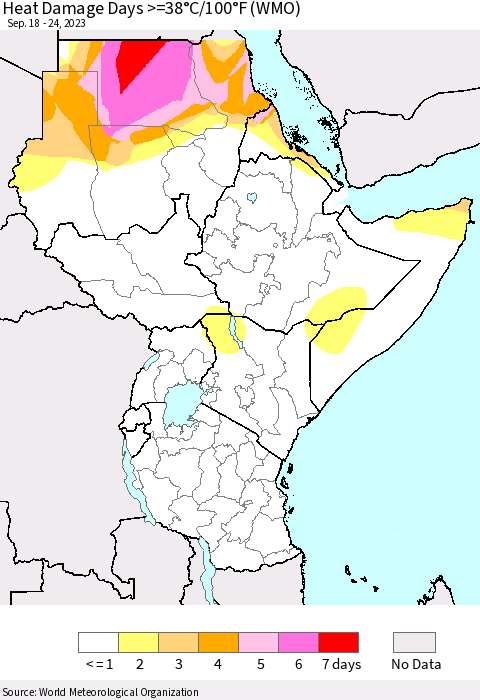 Eastern Africa Heat Damage Days >=38°C/100°F (WMO) Thematic Map For 9/18/2023 - 9/24/2023