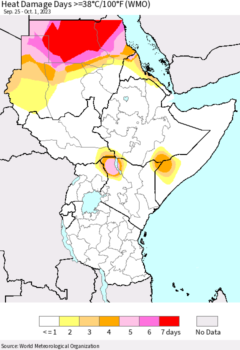 Eastern Africa Heat Damage Days >=38°C/100°F (WMO) Thematic Map For 9/25/2023 - 10/1/2023
