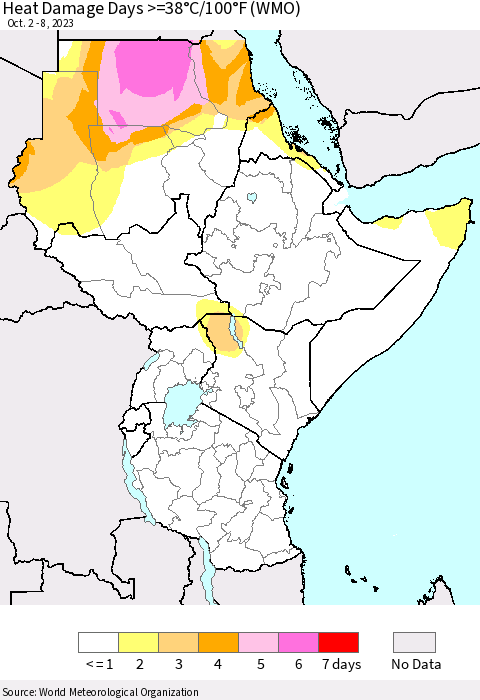 Eastern Africa Heat Damage Days >=38°C/100°F (WMO) Thematic Map For 10/2/2023 - 10/8/2023