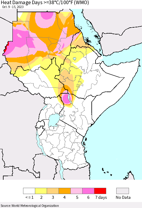 Eastern Africa Heat Damage Days >=38°C/100°F (WMO) Thematic Map For 10/9/2023 - 10/15/2023