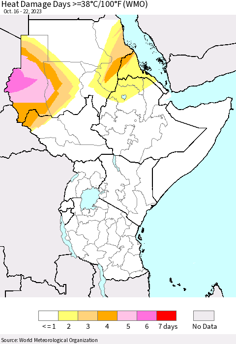 Eastern Africa Heat Damage Days >=38°C/100°F (WMO) Thematic Map For 10/16/2023 - 10/22/2023