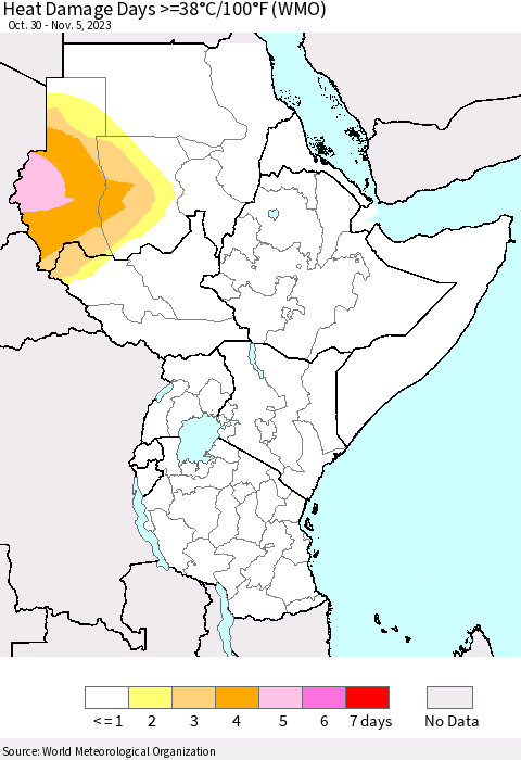 Eastern Africa Heat Damage Days >=38°C/100°F (WMO) Thematic Map For 10/30/2023 - 11/5/2023