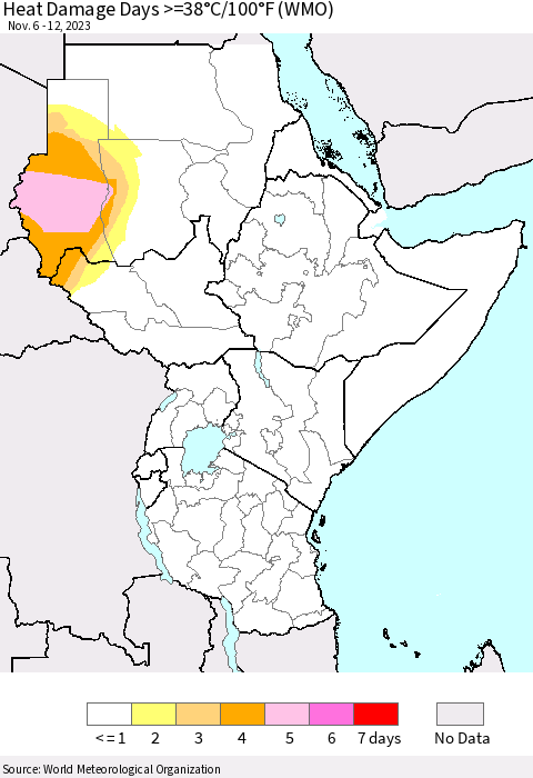 Eastern Africa Heat Damage Days >=38°C/100°F (WMO) Thematic Map For 11/6/2023 - 11/12/2023
