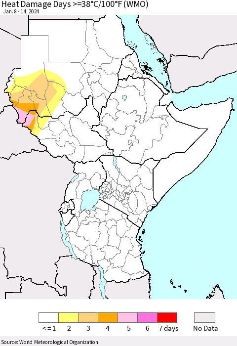 Eastern Africa Heat Damage Days >=38°C/100°F (WMO) Thematic Map For 1/8/2024 - 1/14/2024