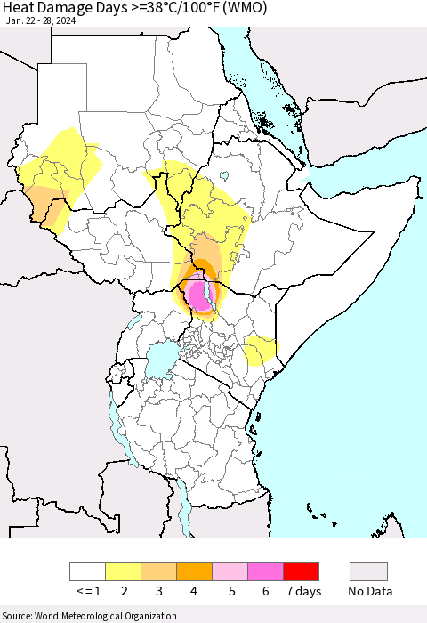 Eastern Africa Heat Damage Days >=38°C/100°F (WMO) Thematic Map For 1/22/2024 - 1/28/2024