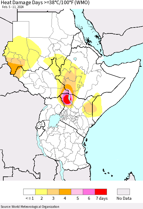 Eastern Africa Heat Damage Days >=38°C/100°F (WMO) Thematic Map For 2/5/2024 - 2/11/2024