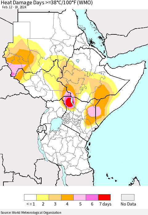Eastern Africa Heat Damage Days >=38°C/100°F (WMO) Thematic Map For 2/12/2024 - 2/18/2024