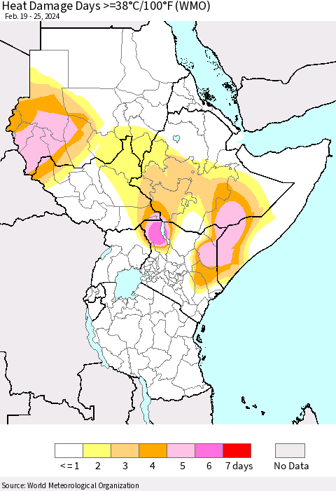 Eastern Africa Heat Damage Days >=38°C/100°F (WMO) Thematic Map For 2/19/2024 - 2/25/2024