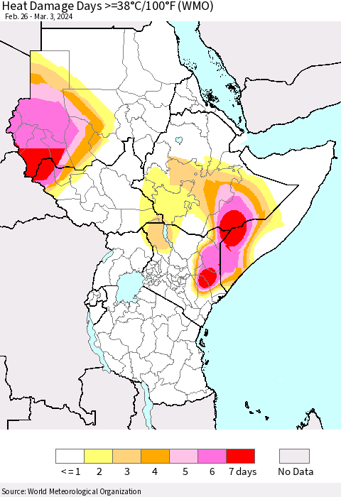 Eastern Africa Heat Damage Days >=38°C/100°F (WMO) Thematic Map For 2/26/2024 - 3/3/2024