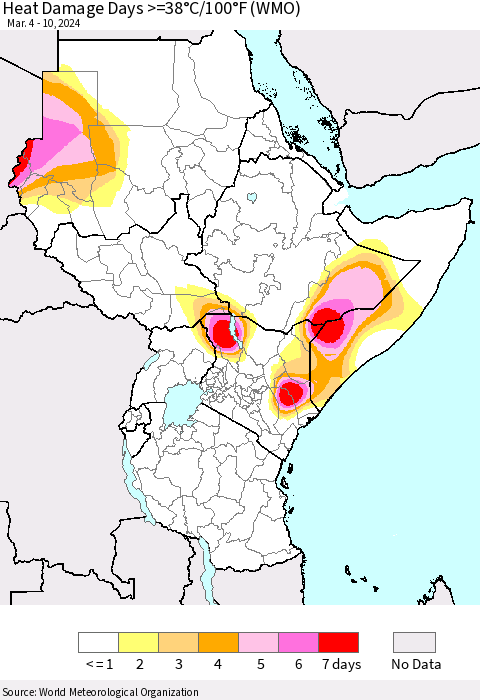 Eastern Africa Heat Damage Days >=38°C/100°F (WMO) Thematic Map For 3/4/2024 - 3/10/2024