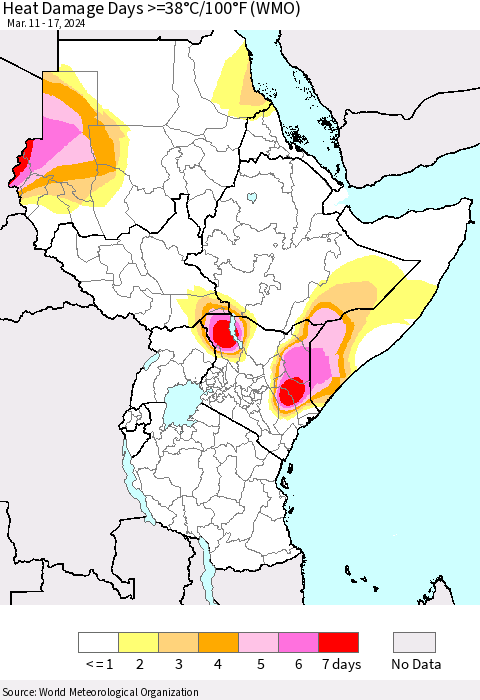 Eastern Africa Heat Damage Days >=38°C/100°F (WMO) Thematic Map For 3/11/2024 - 3/17/2024