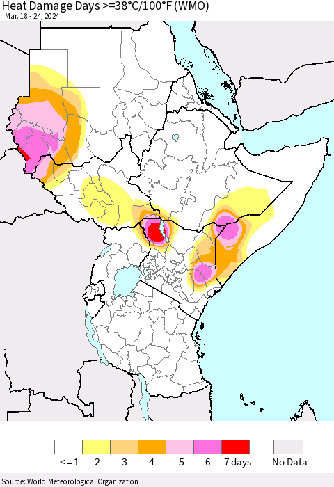 Eastern Africa Heat Damage Days >=38°C/100°F (WMO) Thematic Map For 3/18/2024 - 3/24/2024