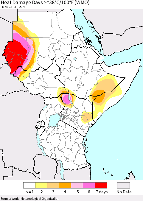 Eastern Africa Heat Damage Days >=38°C/100°F (WMO) Thematic Map For 3/25/2024 - 3/31/2024