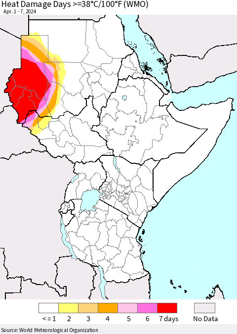 Eastern Africa Heat Damage Days >=38°C/100°F (WMO) Thematic Map For 4/1/2024 - 4/7/2024