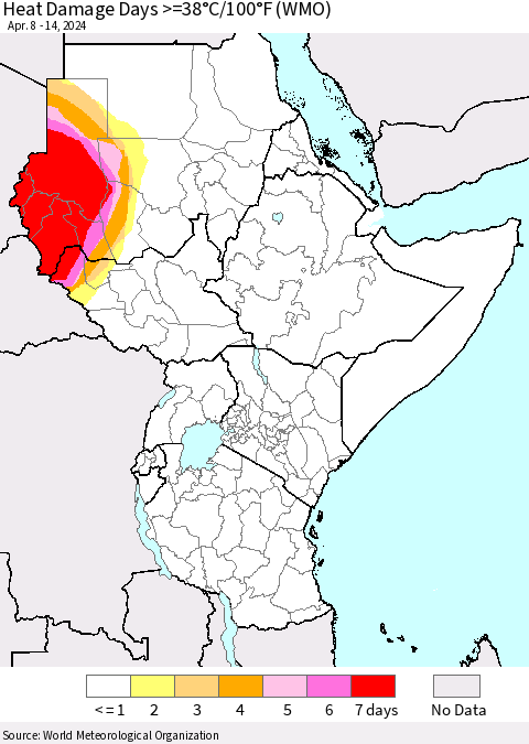 Eastern Africa Heat Damage Days >=38°C/100°F (WMO) Thematic Map For 4/8/2024 - 4/14/2024