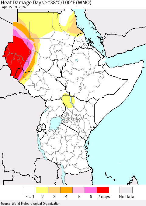 Eastern Africa Heat Damage Days >=38°C/100°F (WMO) Thematic Map For 4/15/2024 - 4/21/2024