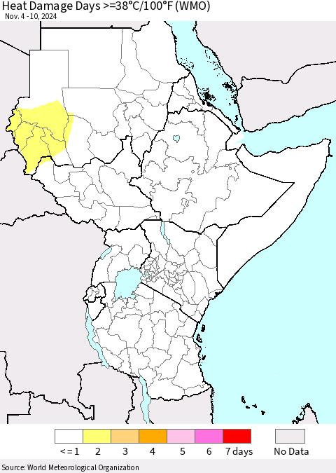 Eastern Africa Heat Damage Days >=38°C/100°F (WMO) Thematic Map For 11/4/2024 - 11/10/2024