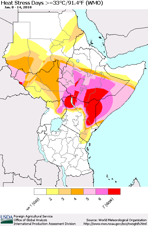 Eastern Africa Heat Stress Days >=35°C/95°F (WMO) Thematic Map For 1/8/2018 - 1/14/2018