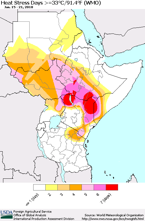 Eastern Africa Heat Stress Days >=35°C/95°F (WMO) Thematic Map For 1/15/2018 - 1/21/2018