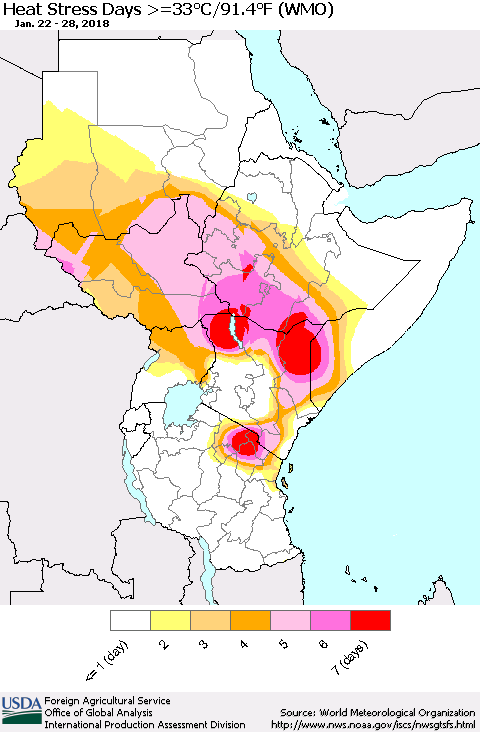 Eastern Africa Heat Stress Days >=35°C/95°F (WMO) Thematic Map For 1/22/2018 - 1/28/2018