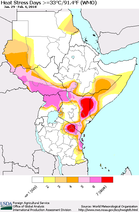 Eastern Africa Heat Stress Days >=35°C/95°F (WMO) Thematic Map For 1/29/2018 - 2/4/2018