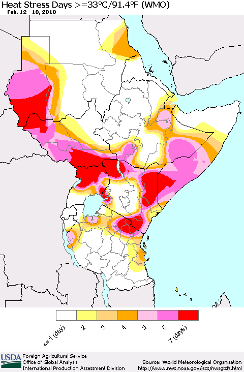 Eastern Africa Heat Stress Days >=35°C/95°F (WMO) Thematic Map For 2/12/2018 - 2/18/2018