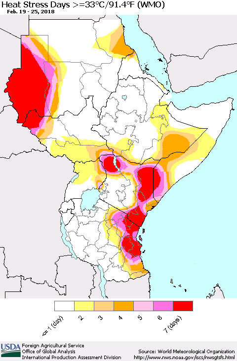 Eastern Africa Heat Stress Days >=35°C/95°F (WMO) Thematic Map For 2/19/2018 - 2/25/2018