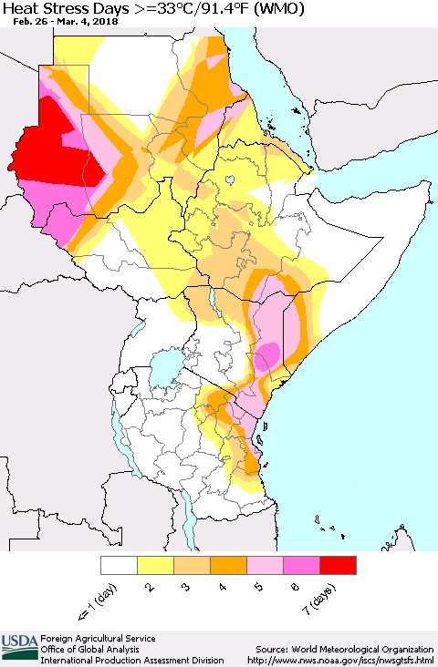 Eastern Africa Heat Stress Days >=35°C/95°F (WMO) Thematic Map For 2/26/2018 - 3/4/2018